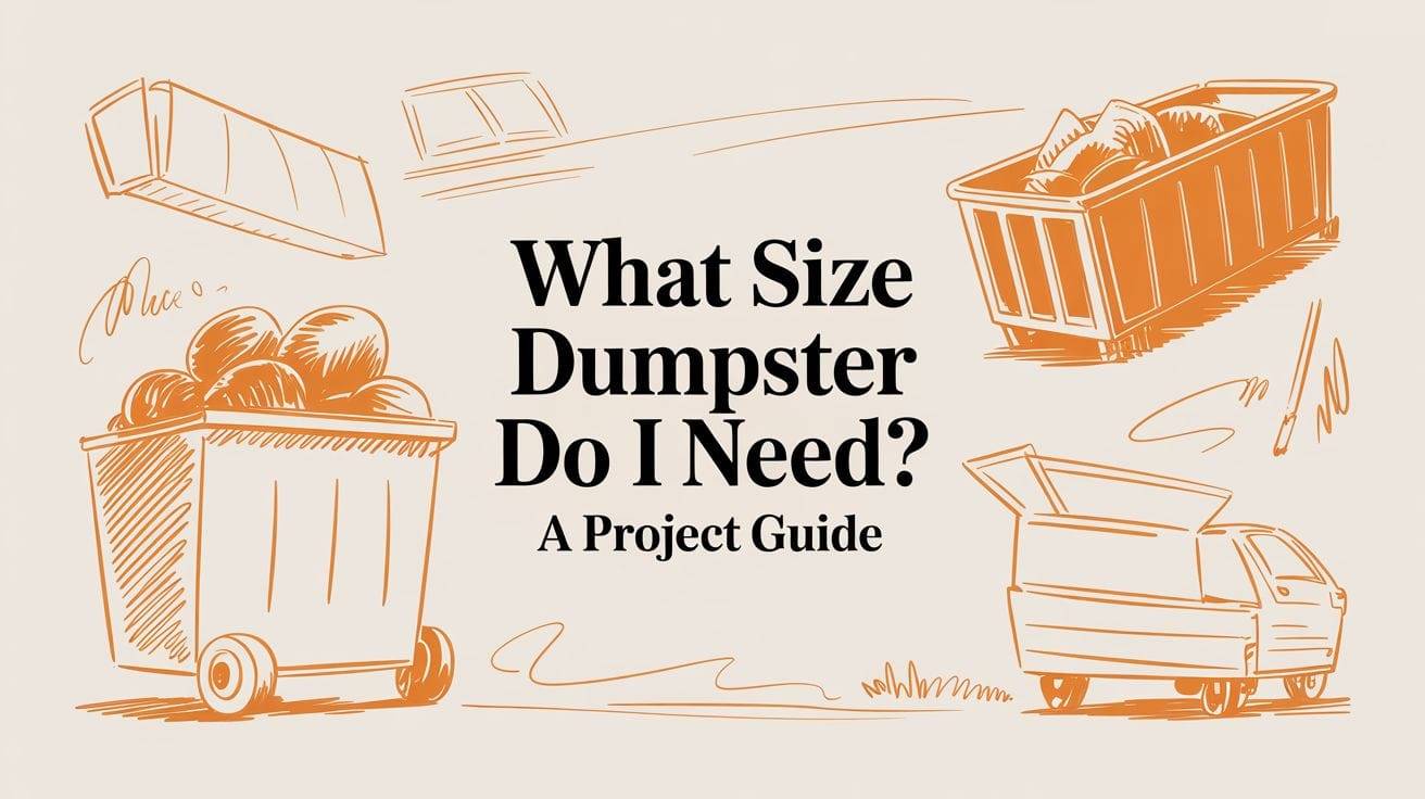 Dumpster size guide with illustrated bins and truck.